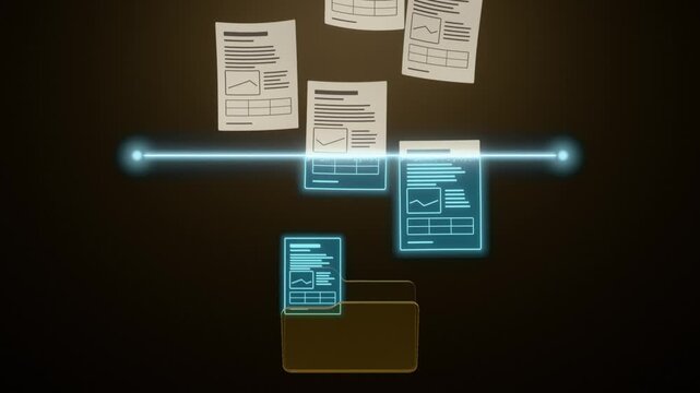 Paper documents digitized by glowing scan line, turning into holographic files and filling a folder
