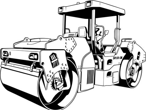 Black and white line art illustration of a heavy road roller compactor