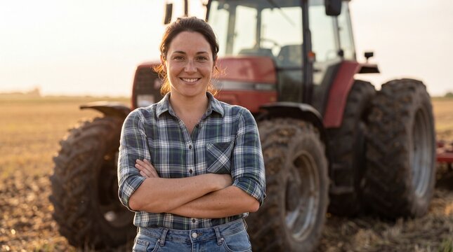 Woman farmer portrait beside tractor working with agricultural machinery in a productive rural landscape and modern farm operation for rural careers and agricultural community campaigns