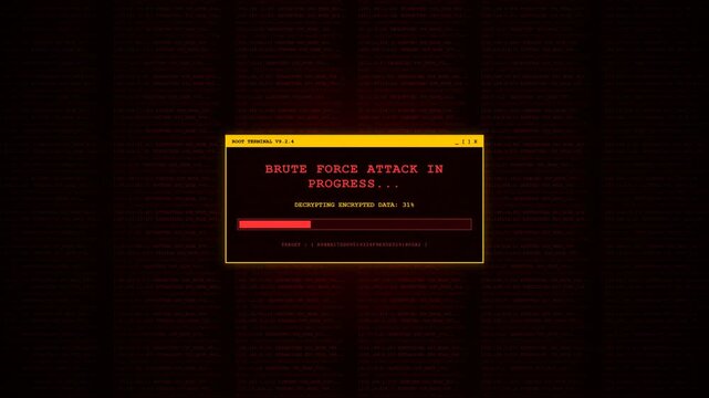 Brute Force Attack Red Root Terminal Data Decryption Animation.