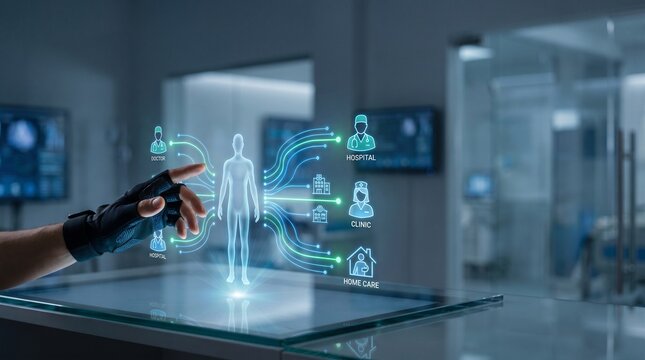 Futuristic healthcare technology with doctor using haptic glove for patient data analysis