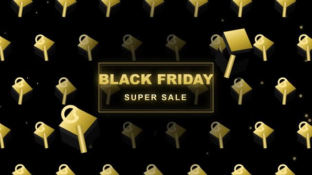 Black friday super sale banner with golden 3d gift boxes on black background