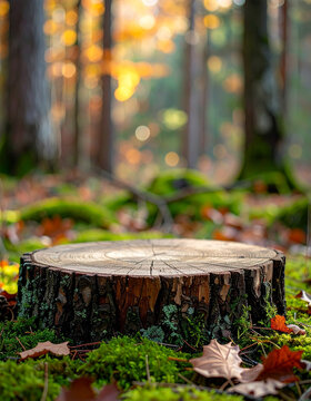 Round weathered tree stump pedestal, natural minimalist podium in autumn forest, lush green moss and dry fall leaves, tall trees softly blurred on background. Mock-up. Close-up.