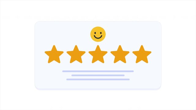 Animated illustration of a customer review card with a star rating system, showing an increase from two to five stars and a smiling emoji indicating positive feedback and satisfaction.