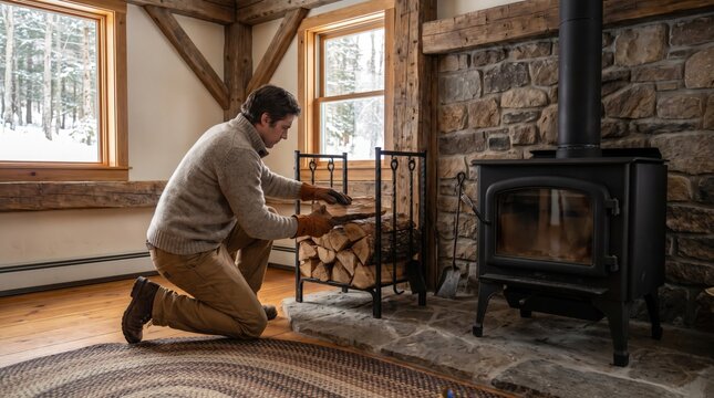 Man adding logs to wood burning stove in cozy cabin with winter view