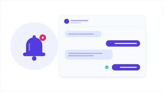 Animated Notification Bell with Message Pop-up. Receiving new chat messages and alerts on a clean digital interface. Modern flat design concept for online communication and updates.