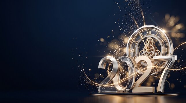 Golden clock counting down to new year 2027 with sparkling light