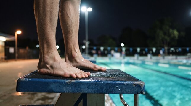 feet' 'barefoot' 'starting block' 'diving board' 'swimming pool' 'pool'