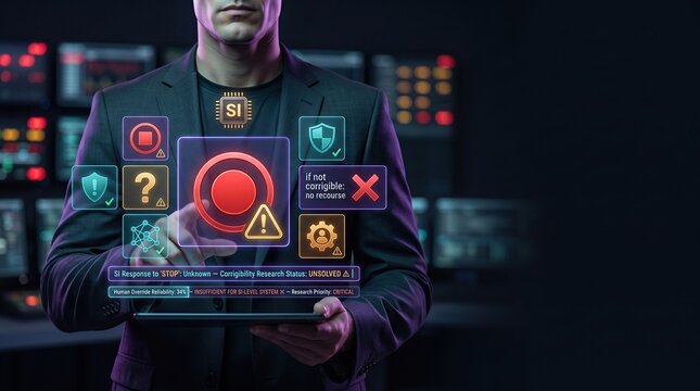 Superintelligence emergency control concept with AI researcher confronting a glowing shutdown interface in a dark operations center, exploring AI control, human oversight, system uncertainty, and futu