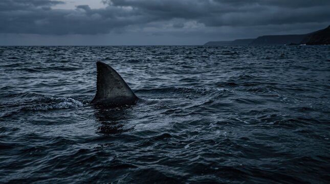 Large shark fin protruding from deep blue ocean waves.