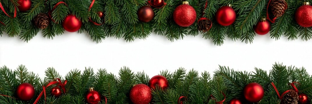 Christmas Banner Frame with Evergreen Branches and Red Ornaments