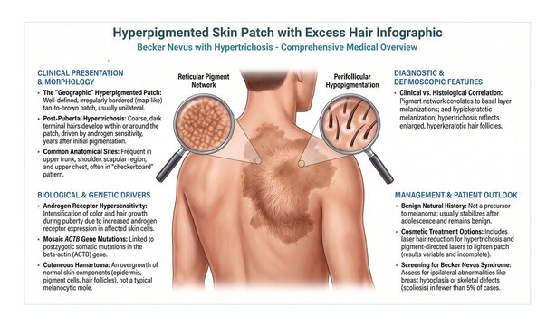 Hyper Pigmented Skin Patch with Excess Hair Infographic - Becker Nevus with Hypertrichosis