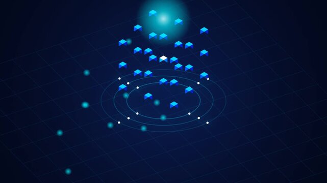 Futuristic isometric blue data arrows rising on digital grid background in virtual technology space