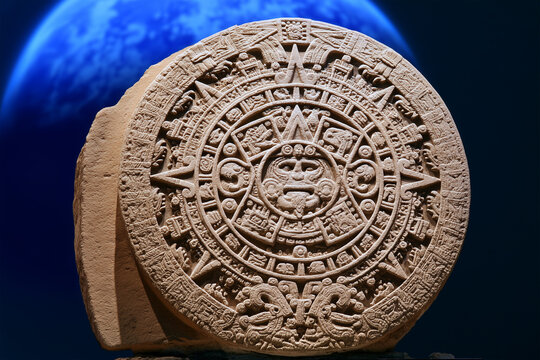 Ancient stone artifact with intricate designs on display