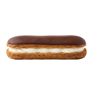 Chocolate eclair pastry with vanilla cream filling on transparent background