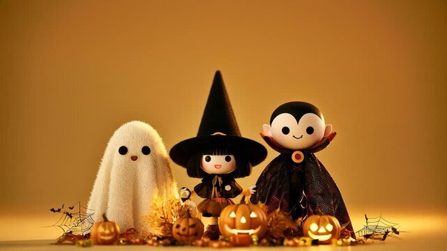 Set of animated cartoon Halloween characters, including a witch, Dracula, and a dancing witch, on a orange background.
