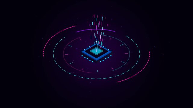 Futuristic isometric CPU microchip processing digital data with neon circular futuristic HUD lines