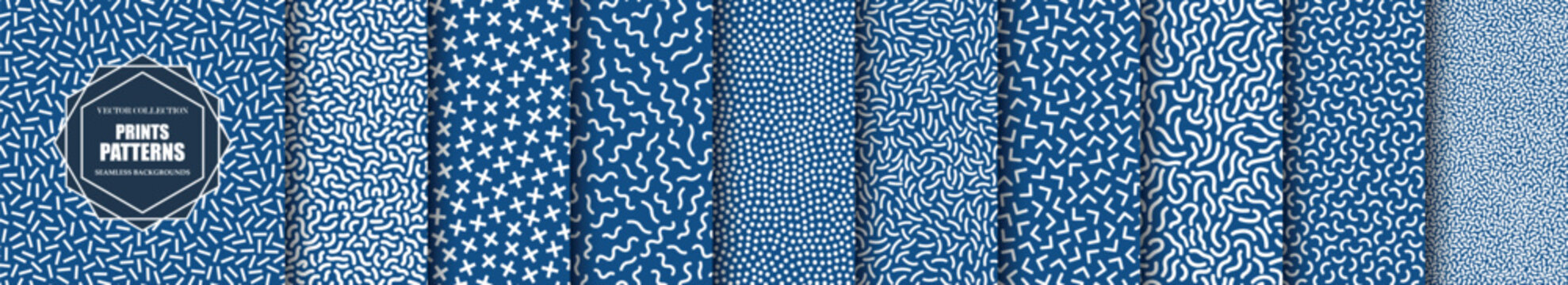 Collection of blue seamless patterns. Trendy retro style 80-90s. Vector fashion backgrounds for print, textile, cover, wallpaper or web design