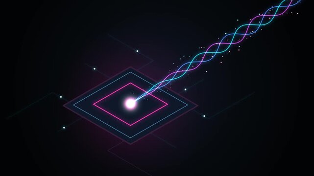 Futuristic isometric cyber diamond with glowing neon double helix light beam on dark background
