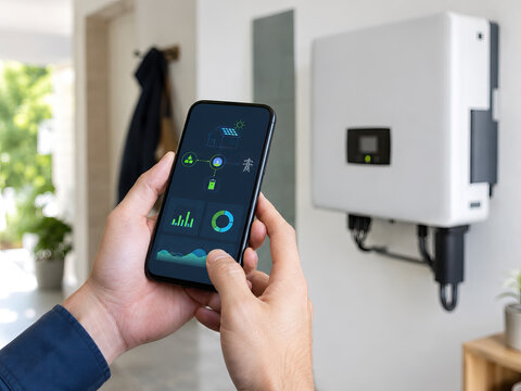 A man controls a white energy storage unit mounted on a wall in a modern hallway.