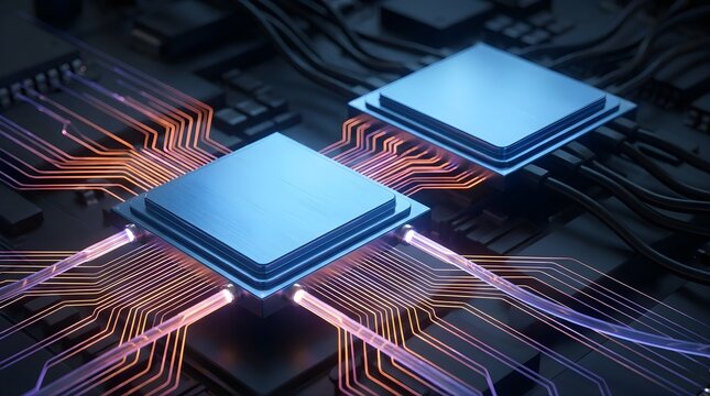 Modern computer hardware processor chip mounted on circuit board with glowing tracks