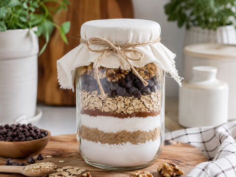 A glass jar overflows with ingredients &ndash; rolled oats, chocolate chips, and walnuts &ndash; on a wooden cutting board. overnight oats