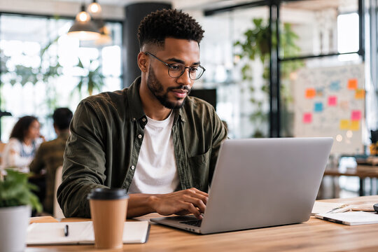 A man intently works on a silver laptop at a wooden desk in a bright, modern office.
