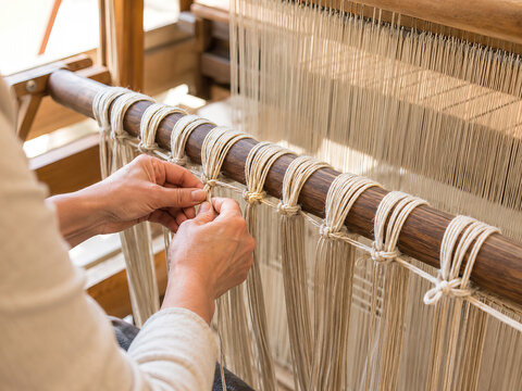 A woman meticulously adjusts the tension of woven cords on a wooden loom in a studio workshop. The overall mood is focused and detailed, conveying a sense of craft and precision.