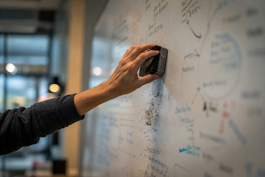 A person presses a dark gray rectangular eraser against a white magnetic board covered with diagrams and notes, applying some effort.