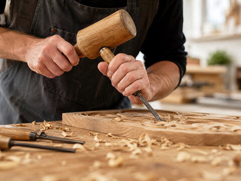 A man meticulously carves a wooden block with a mallet in workshop.