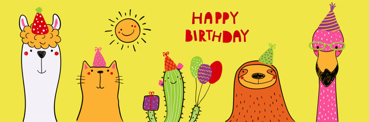 Fototapeta premium Birthday card with flamingo, sloth, cactus, cat, llama in party hats, lettering quote Happy birthday. Cute funny characters. Kids print, nursery poster design elements. Hand drawn vector illustration