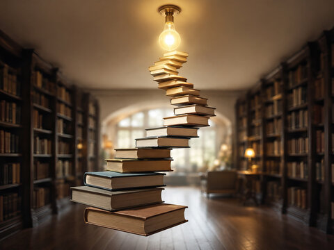 A tall, illuminated stack of antique books forms a staircase ascending upwards within a grand, dimly lit library.