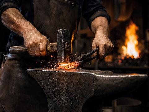 A man hammers glowing metal on an anvil within a dark forge, creating a dramatic and intense atmosphere.