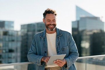 Fototapeta premium Man using tablet on urban rooftop with city skyline for remote work background and professional banner