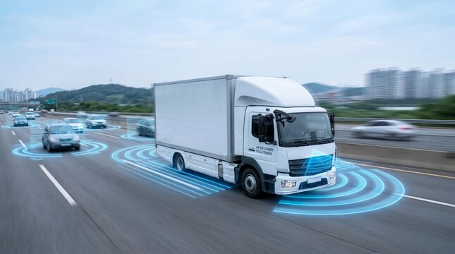 Autonomous white cargo truck driving rapidly along highway showcasing futuristic digital radar scanning technology and automated safety systems