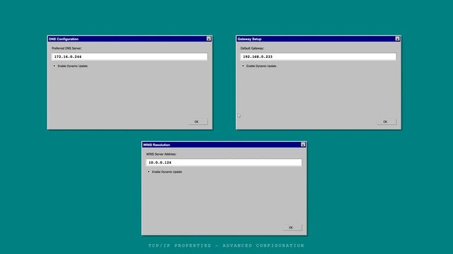 Computer Network Settings and TCP IP Advanced Configuration Dialog Boxes