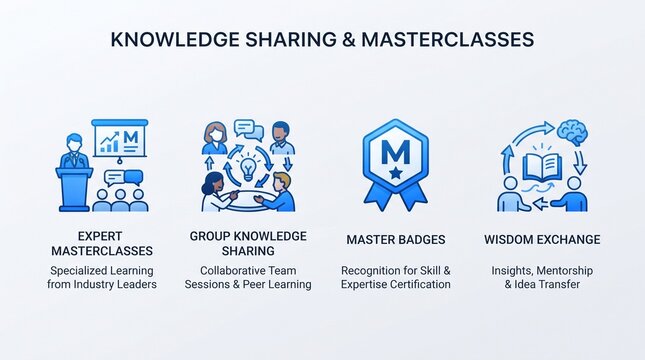 Knowledge sharing vector icon set, expert masterclasses and group learning graphics, business master badges and wisdom exchange infographics isolated on Transparent Background