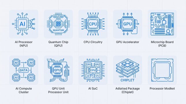 Blue flat line processor icons, CPU and GPU circuitry vectors, AI quantum chip illustrations, technology symbols set isolated on Transparent Background