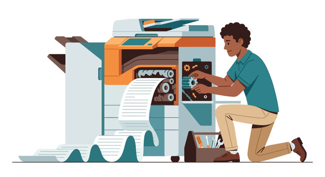 Professional IT support technician repairing a large office photocopier machine flat vector illustration