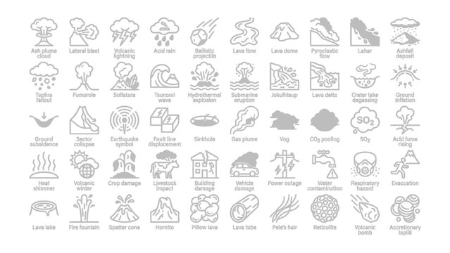 Natural Disaster Icons: A comprehensive collection of outline icons depicting various natural disasters and their impact, including storms, earthquakes, floods, and volcanic eruptions.
