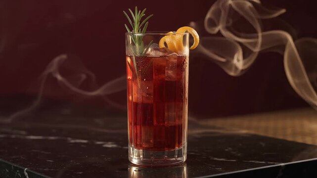 Glass of ruby pomegranate tonic with orange peel garnish on bar