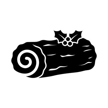 Christmas Elegant black silhouette yule log with holly leaves for festive holiday greeting cards and seasonal social