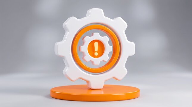 Glossy white and orange gear wheel symbol featuring an exclamation mark indicating system error warning