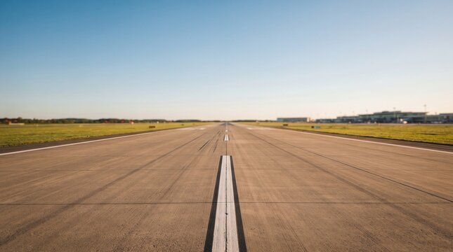 Clean empty airport runway leading forward under blue sky symbolizing clear financial path, banking planning, secure investment roadmap, asset management and corporate business direction.