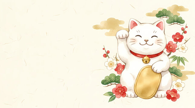 Cute white maneki-neko beckoning cat with gold koban, plum blossoms and pine, Japanese New Year card
