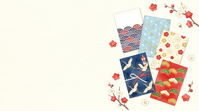 Japanese pochi-bukuro otoshidama envelopes with seigaiha, asanoha, crane and pine patterns, New Year