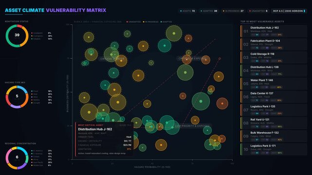 Animated 4K climate vulnerability dashboard featuring a dynamic bubble scatter plot matrix, risk frontier lines, and live data visualization panels on a dark background.