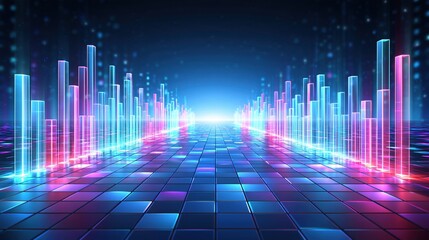 Fototapeta premium Abstract Digital Neon Light Cityscape with Futuristic Glowing Buildings and Reflective Ground