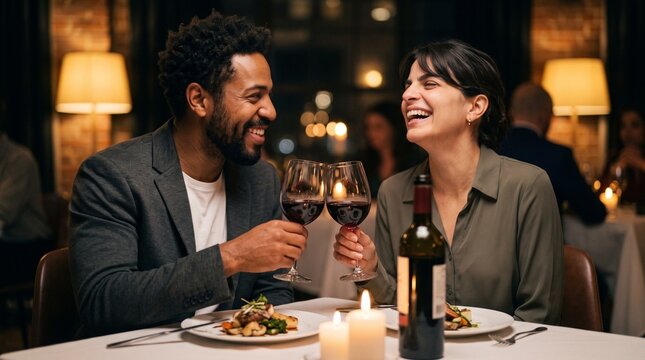 Happy laughing couple toasting with red wine glasses at candlelit restaurant table during romantic anniversary dinner date, perfect for dating, dining and lifestyle branding
