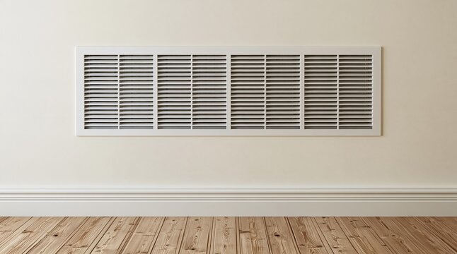 Clean White Rectangular Air Vent Grille on a Light Beige Wall Above Wooden Floor